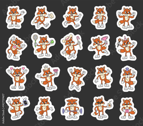 Fox cartoon characters with emotions and actions for retro educational festive romantic lifestyle illustrations in groovy outline vintage cartoon style