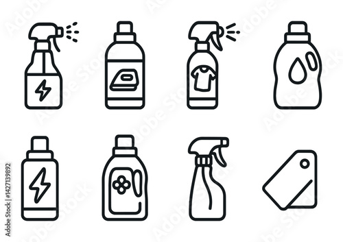 Laundry and cleaning icon set – outline style detergent and sanitation graphics for home care, housekeeping, and hygiene: spray bottle, fabric softener, ironing, tag, stain remover