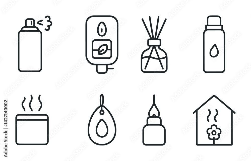 Air freshener and home fragrance icon set - outline style aromatherapy and scent symbols for home décor and wellness: spray bottle, diffuser, candle, oil burner, incense Air freshener and home fragrance icon set - outline style aromatherapy and scent symbols for home décor and wellness: spray bottle, diffuser, candle, oil burner, incense