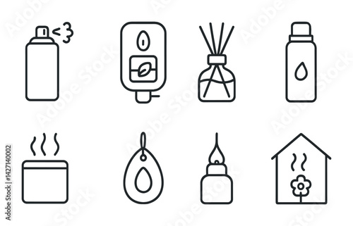 Air freshener and home fragrance icon set - outline style aromatherapy and scent symbols for home décor and wellness: spray bottle, diffuser, candle, oil burner, incense