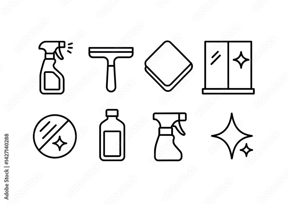 Cleaning tools icon set – outline style home and office cleaning symbols: spray bottle, squeegee, cloth, window, detergent, polish, wiping cloth, sparkle