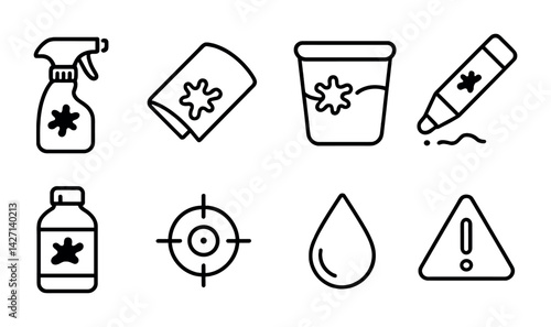 Cleaning tools outline icon set – neat and tidy housekeeping symbols in simple style for home care and maintenance: spray bottle, cloth, bucket, marker, liquid, target, warning sign