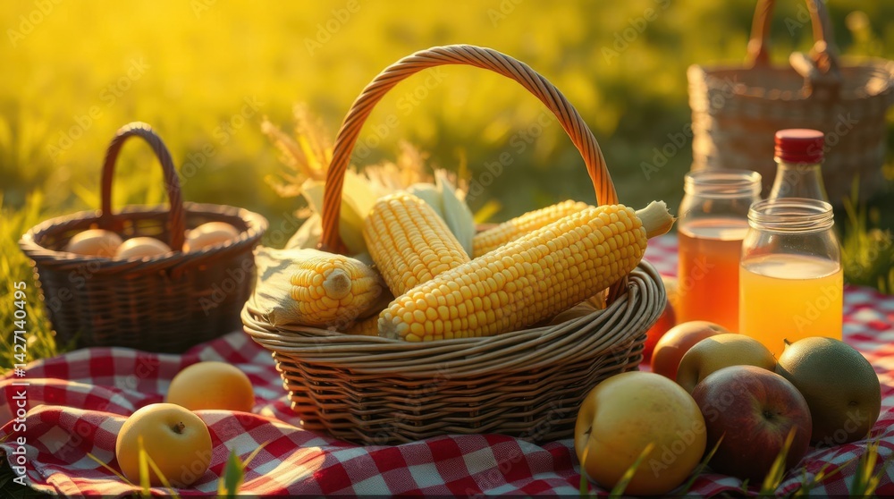 Picnic basket filled with corn, eggs, apples, and juice on a red checkered blanket in a sunny field. Picnic basket filled with corn, eggs, apples, and juice on a red checkered blanket in a sunny field.