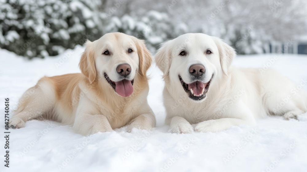 Two happy golden retrievers in the snow Two happy golden retrievers in the snow