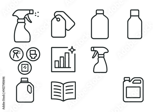 Household cleaning products icon set – outline style cleaning supplies and sanitation symbols for home maintenance, hygiene, and organization: spray bottle, detergent, tag, graph, book
