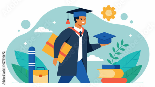 A graduate taking on a parttime job while also going back to school for a higher degree in hopes of increasing earning potential in the future.. Vector illustration