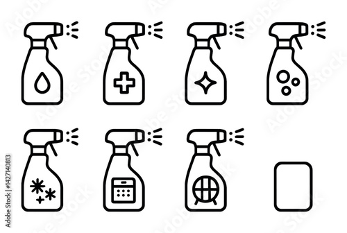 Cleaning supplies icon set – outline style household and sanitation icons for home hygiene: spray bottle, disinfectant, shine, bubbles, stain remover, chemical safety