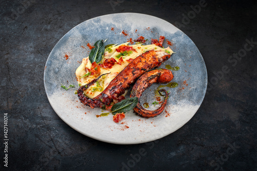 Authentical Italian polpo alla griglia su crema di patate with barbecued octopus, potato creme and fried bacon served as close-up on a Nordic design plate with copy space