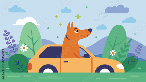A dog on a long car ride less anxious thanks to a pet calming diffuser plugged into the cars outlet and releasing hints of eucalyptus and clary sage.. Vector illustration