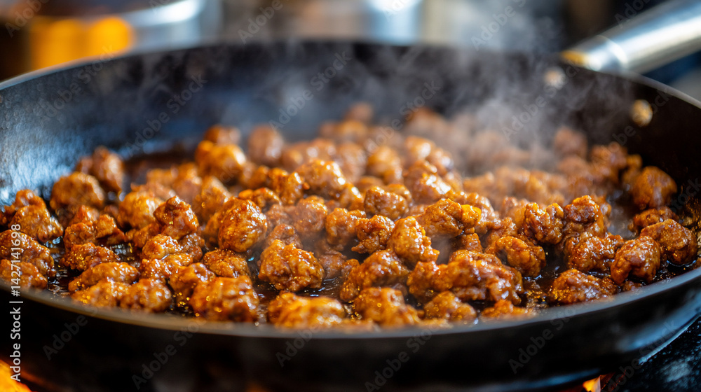 Frying seasoned meat Frying seasoned meat