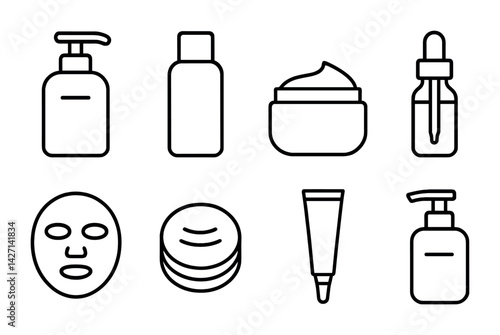 Skincare products icon set – outline style beauty and cosmetics symbols for self-care, grooming, and wellness: lotion, bottle, jar, dropper, face mask, pad, cream, pump