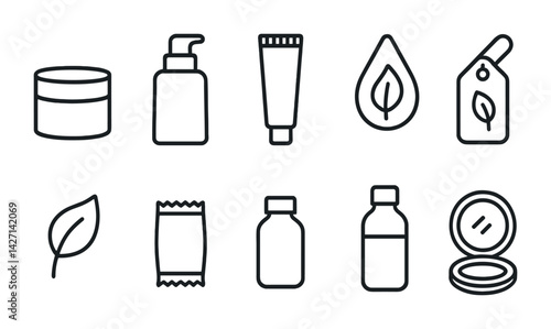 Eco-friendly beauty products icon set – linear style sustainable skincare and cosmetic symbols for green living: lotion, tube, leaf, drop, tag, jar, compact, bottle