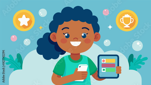 A young girl smiles as she completes a mission on a game app learning about the importance of good hygiene and handwashing techniques.. Vector illustration