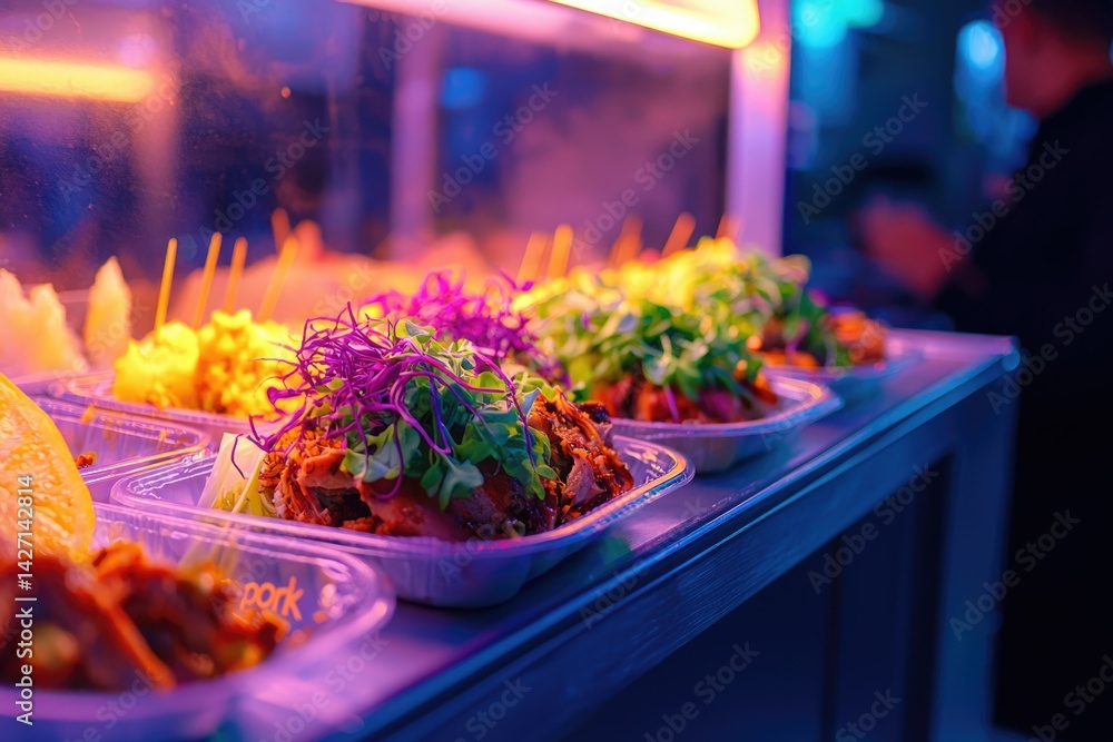 Vibrant food display showcasing grilled meats, colorful garnishes, and various sides, under neon lights. Vibrant food display showcasing grilled meats, colorful garnishes, and various sides, under neon lights.