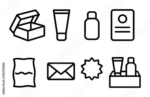 Cosmetics and skincare outline icons set – linear style beauty and personal care symbols for wellness, grooming, and spa: cream tube, shampoo bottle, lotion, soap, perfume, makeup brush, moisturizer,