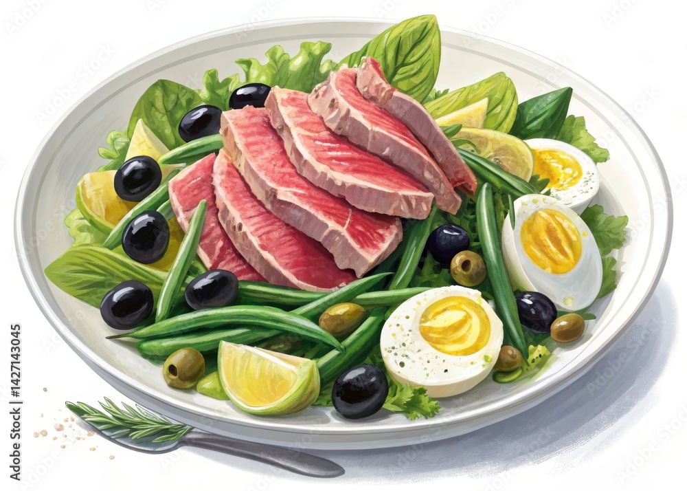 Prepare a refreshing nicoise salad with tuna olives boiled eggs and green beans on a white plate for a nutritious meal Prepare a refreshing nicoise salad with tuna olives boiled eggs and green beans on a white plate for a nutritious meal
