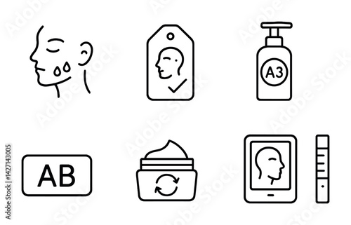 Skincare outline icons set – linear beauty and wellness symbols for product labeling, personal care, and skin health: face mask, lotion bottle, moisturizer, tablet, label, serums