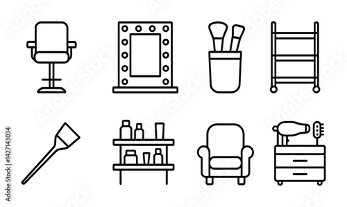 Beauty salon icon set – outline style hair and makeup symbols for salon interiors, barber tools, and skincare: chair, mirror, makeup brushes, trolley, hairdryer, bottles, armchair
