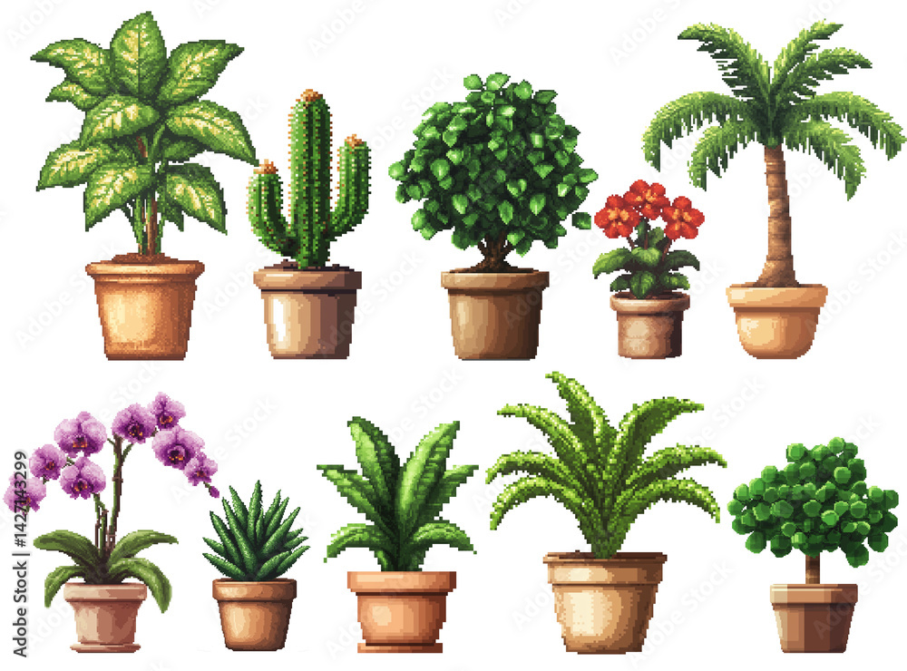 Pixel Art Collection of Houseplants in Pots Pixel Art Collection of Houseplants in Pots