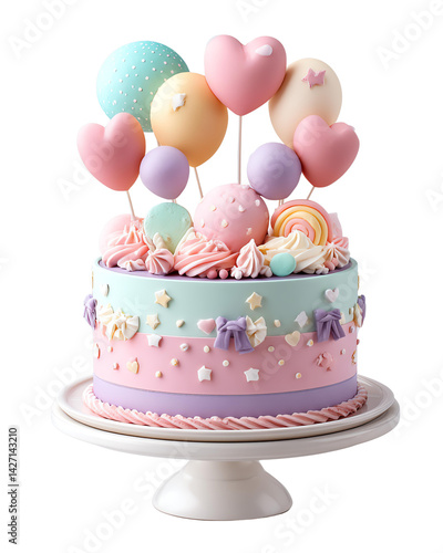 Pastel Pink and Purple Birthday Cake with Heart and Round Balloonsisolated, transparent background, clipart, cut out, no background