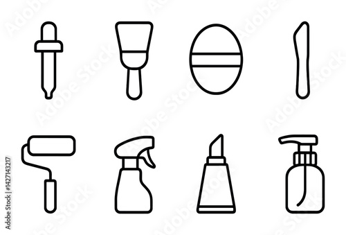 Beauty and cosmetics icon set – outline style skincare and makeup symbols for self-care, aesthetics, and wellness: dropper, brush, compact, spatula, roller, spray, tube, dispenser