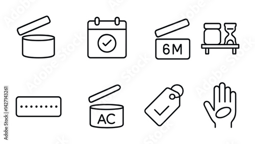 Expiration date and packaging linear icons set – outline style symbols for product labeling, shelf life, and storage: open jar, calendar, six-month label, hourglass, barcode, hand