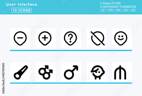 Set of 5 solid user interface icons,lungs, virus, m, magic, wand, mailbox, makeup, brush