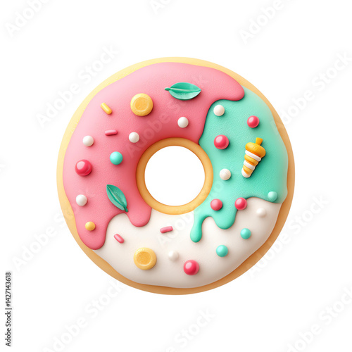 Pink and Mint Glazed Donut with Sprinkles and Icing Drip on Transparent Backgroundisolated, transparent background, clipart, cut out, no background