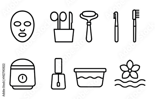 Beauty and personal care icons set – line style grooming and self-care symbols for wellness, hygiene, and cosmetics: face mask, makeup brushes, jade roller, toothbrush, nail polish, aroma diffuser,
