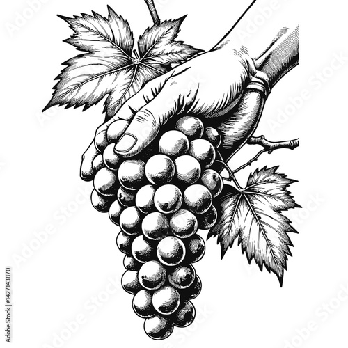 Hand holding grape cluster with leaves