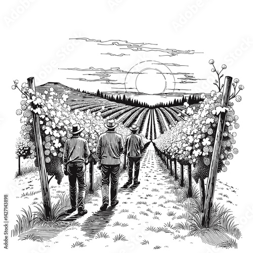 Vineyard workers walking at sunset