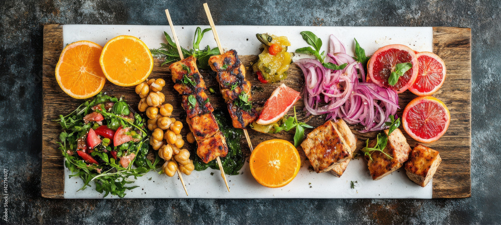 Brunch board overflowing with protein rich vegetarian bites, styled with a mix of rustic and modern elements