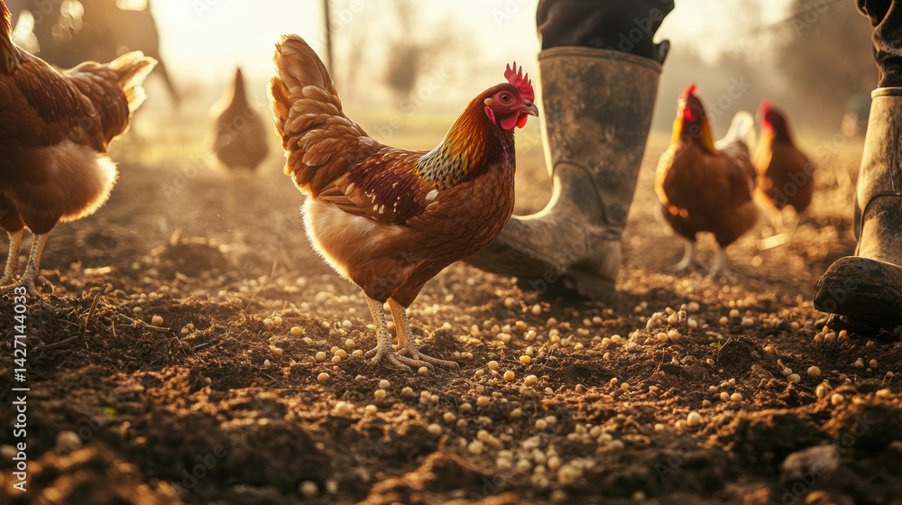 Group of free-range hens pecking at the ground, Eco farm concept