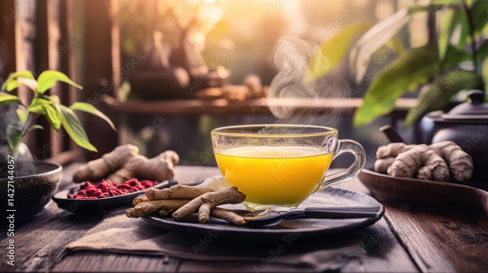 Herbal Wellness Infusion with Ginseng and Goji Berries - Aromatic Health Drink Design