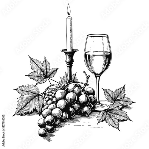 Elegant still life with grapes, candle, and wine glass