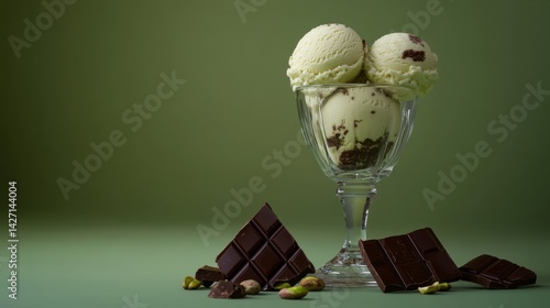 Obraz na płótnie Dubai pistachio ice cream, with chopped pistachios, kataifi dough and milk chocolate w salonie