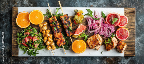 Obraz na płótnie Brunch board overflowing with protein rich vegetarian bites, styled with a mix of rustic and modern elements w salonie