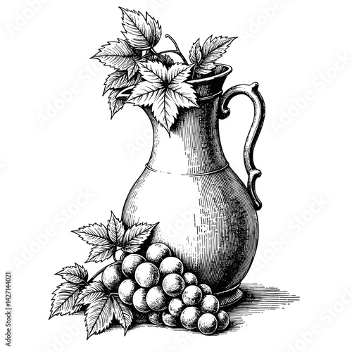 Detailed sketch of pitcher with grapes and leaves
