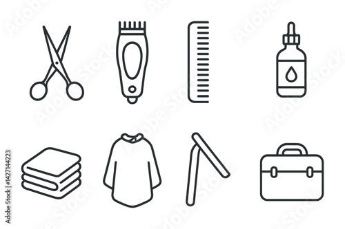 Barber tools icon set – linear style grooming and hairstyling symbols for salon services, personal care, and fashion: scissors, clipper, comb, oil dropper, towel, cape, razor, briefcase