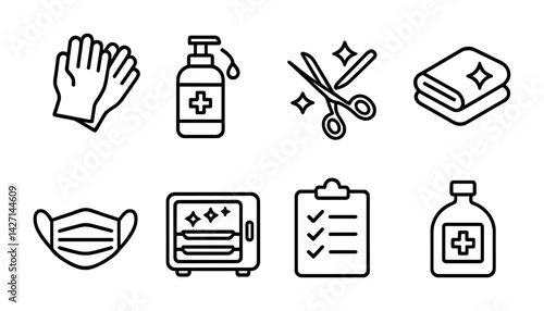 Hygiene and sanitation icon set – outline style cleanliness and safety symbols: gloves, hand sanitizer, scissors, towel, mask, sterilizer, checklist, medicine bottle