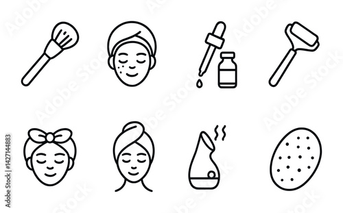 Skincare icon set – outline style beauty and self-care symbols: makeup brush, facial massage, serum, roller, spa headband, relaxation, humidifier, sponge