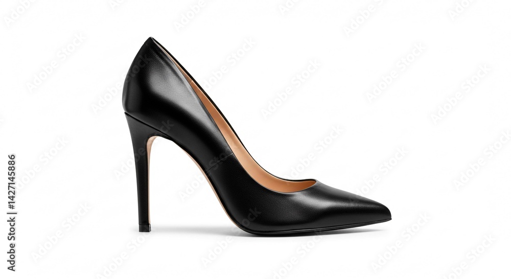 A single black leather high heel shoe with a pointed toe on a plain white studio background is displayed A single black leather high heel shoe with a pointed toe on a plain white studio background is displayed