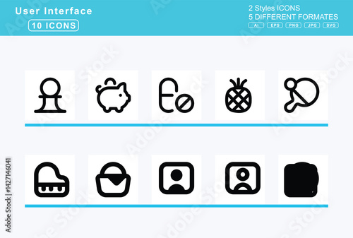 Set of 5 solid user interface icons,photo, video, physics, Pi, piano, keyboard