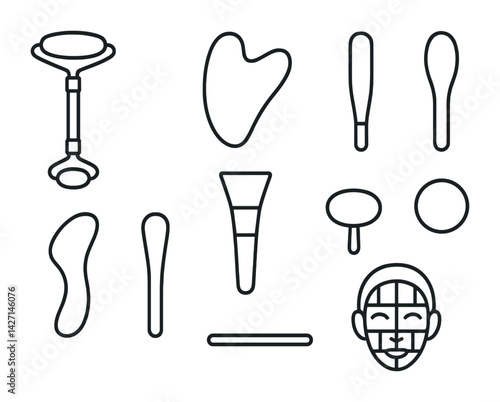 Skincare and beauty outline icons set – minimalist style health and self-care symbols for spa therapy, facial tools, and cosmetic routine: jade roller, gua sha, brush, face mask, massage tools