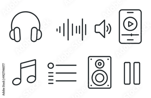 Music and audio line icons set – linear style sound and entertainment symbols for digital interfaces, playlists, and media control: headphones, waveform, speaker, music note, playlist, speaker box,
