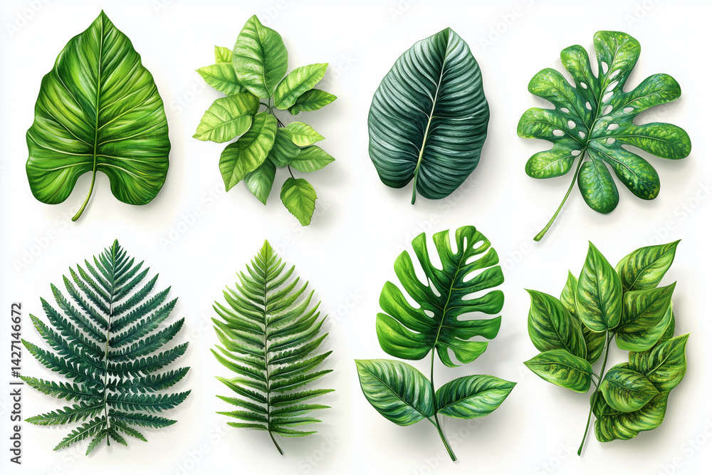 Set of Tropical leaves isolated on white background. Beautiful tropical exotic foliage