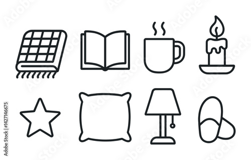 Cozy home essentials icon set – line style household comfort symbols for interior decoration, warmth, and relaxation: blanket, book, mug, candle, star, pillow, lamp, slippers