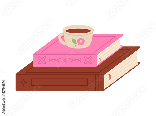 Vector stack of books with cup of coffee on, isolated on white background