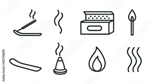 Aromatherapy and fragrance line icons set – outline style relaxation and wellness symbols for spa, meditation, and home ambiance: incense stick, aroma cone, matchbox, flame, scent waves