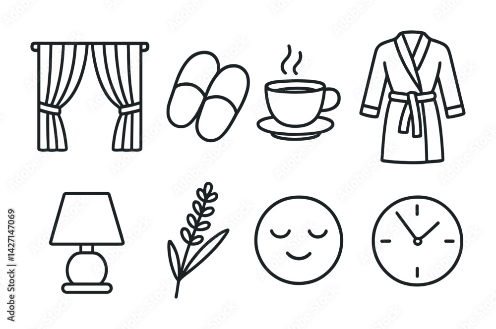 Home comfort outline icon set – relaxation and leisure symbols for cozy spaces, hygge living, and interior decor: curtains, slippers, coffee cup, bathrobe, lamp, plant, smiling face, clock